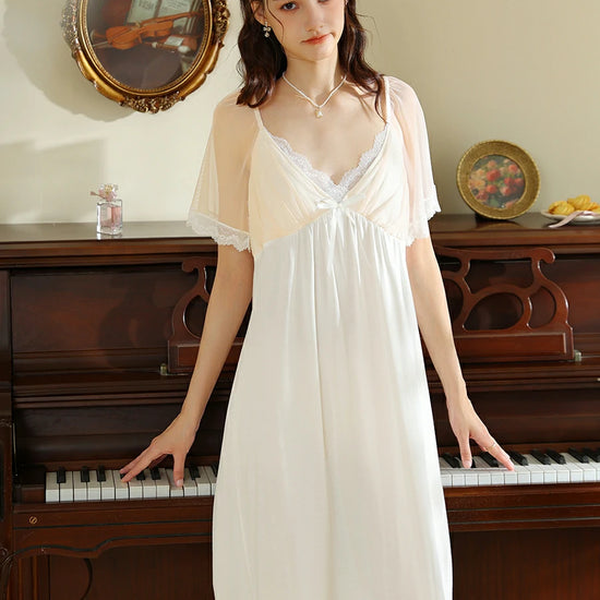 Slessic French Vintage Romantic Exquisite Lace Cute Bow Contrasting colors Mesh See-through Short-sleeved Nightdress Nightwear Sleepwear