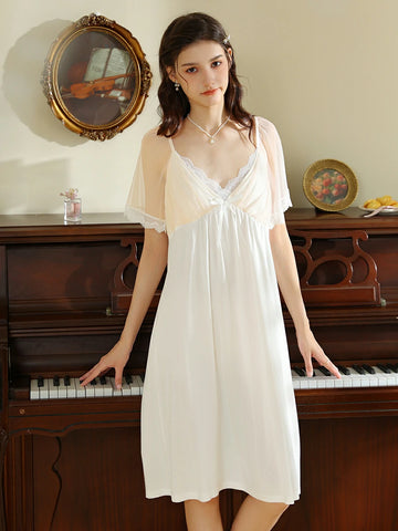 Slessic French Vintage Romantic Exquisite Lace Cute Bow Contrasting colors Mesh See-through Short-sleeved Nightdress Nightwear Sleepwear