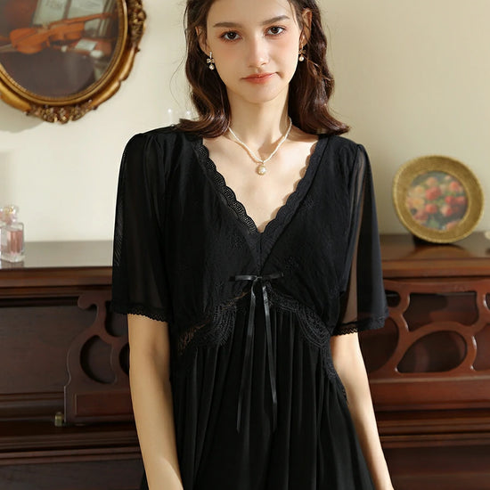 Slessic Vintage Romantic Palace Style Deep V Embroidered Collar Bow See-Through Mesh Lace Short-Sleeved Nightwear Nightgown