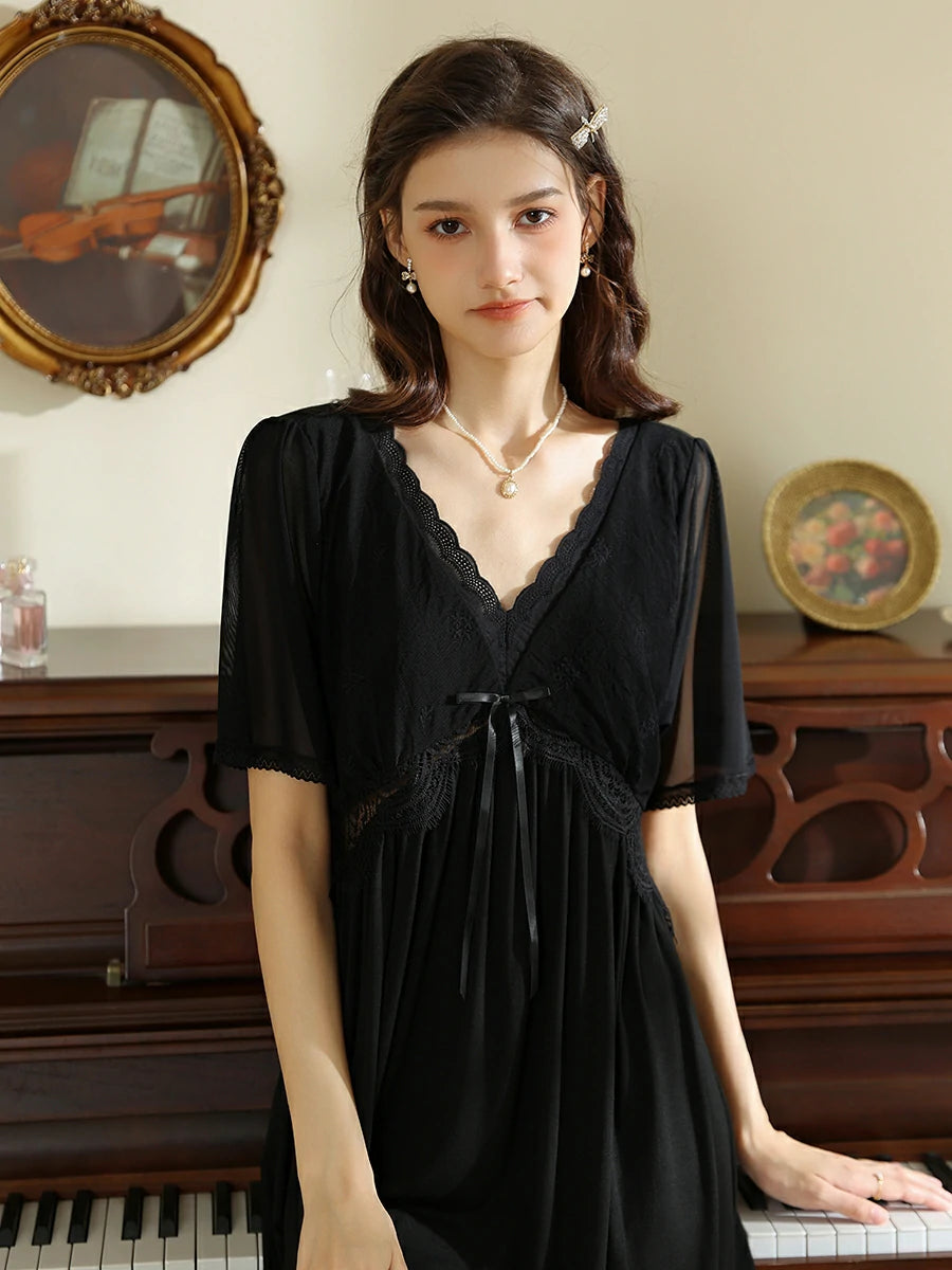 Slessic Vintage Romantic Palace Style Deep V Embroidered Collar Bow See-Through Mesh Lace Short-Sleeved Nightwear Nightgown