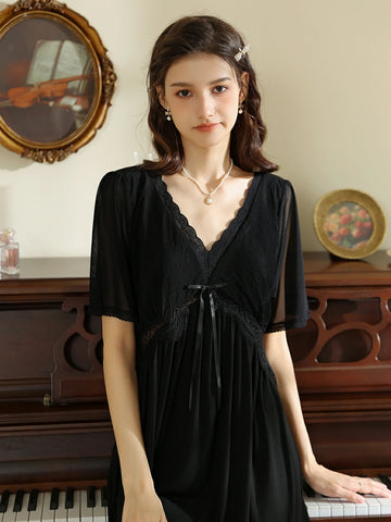 SlesSic black romantic lace nightdress with mesh flutter sleeves