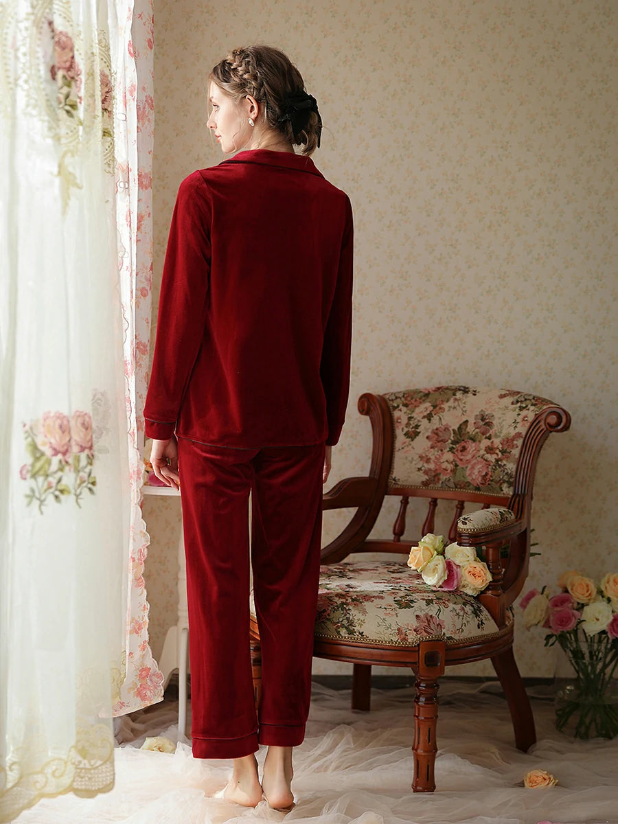 Slessic French Palace Romantic Vintage Gold Velvet Loose Long-Sleeved Lapel Women'S Loungewear Pajama Set