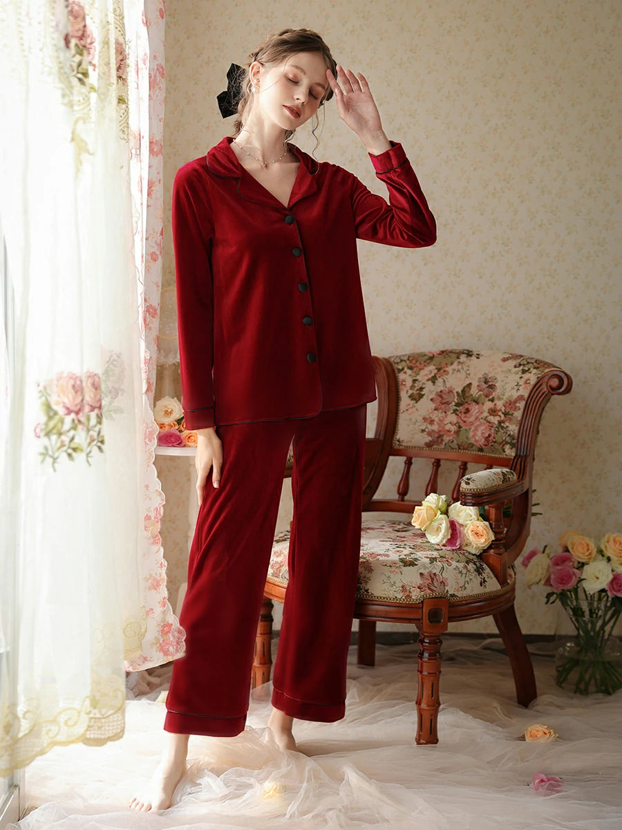 Slessic French Palace Romantic Vintage Gold Velvet Loose Long-Sleeved Lapel Women'S Loungewear Pajama Set