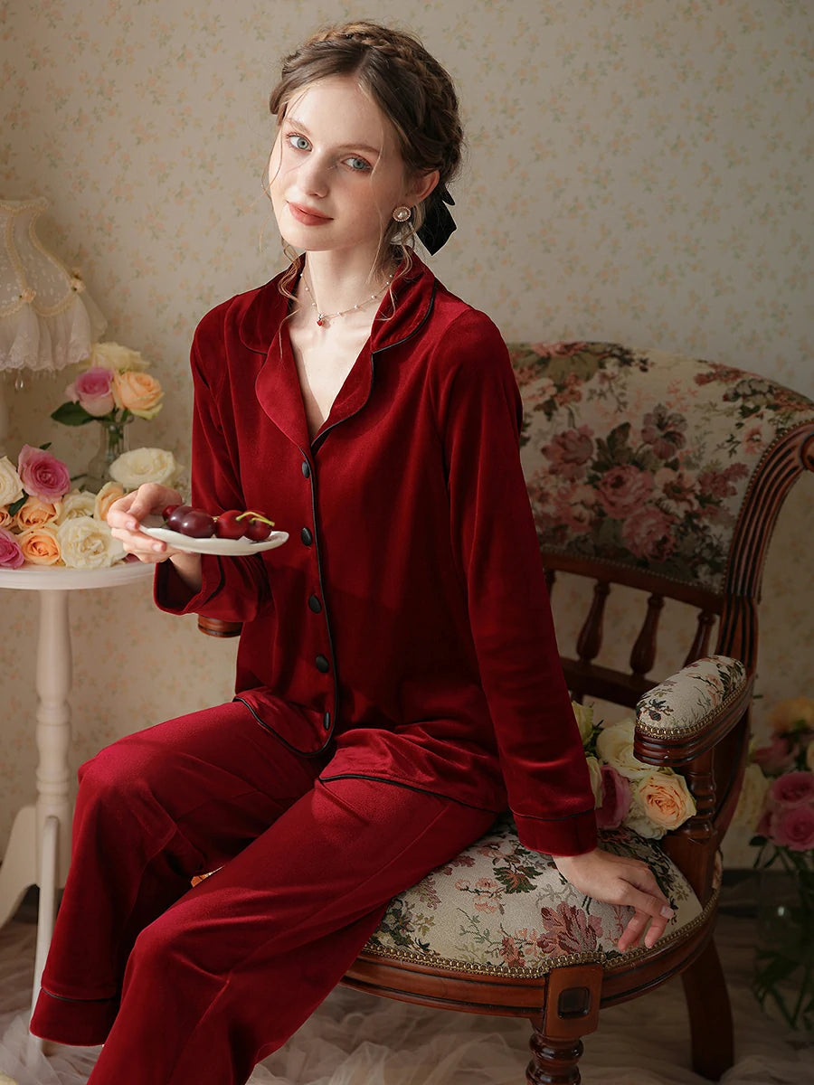 Slessic French Palace Romantic Vintage Gold Velvet Loose Long-Sleeved Lapel Women'S Loungewear Pajama Set