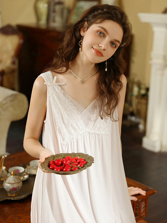 Slessic Vintage Romantic French Style Exquisite Lace Embroidery Mesh Cute Bow Wide Slip Nightdress Nightwear Sleepwear