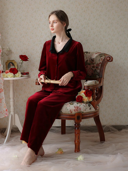 Slessic Vintage Romantic Womens Nightwear For Spring Autumn And Winter Simple Gold Velvet Splicing Long-Sleeved Loungewear Pajamas Set