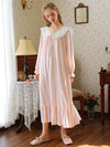 Soft blush pink velvet nightgown with lace collar and romantic silhouette