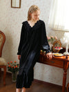 Black velvet romantic nightgown with lace trim and ribbon tie detail