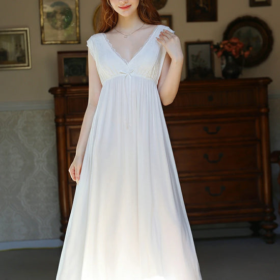 Slessic Vintage French Romantic Large V-Neck Exquisite Embroidered Bow Elegant Sleeveless Slip Nightdress Nightwear Sleepwear