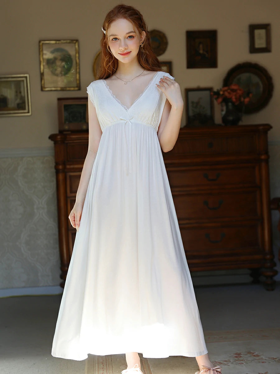 Slessic Vintage French Romantic Large V-Neck Exquisite Embroidered Bow Elegant Sleeveless Slip Nightdress Nightwear Sleepwear