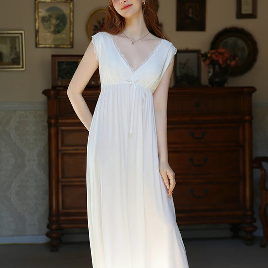 Slessic Vintage French Romantic Large V-Neck Exquisite Embroidered Bow Elegant Sleeveless Slip Nightdress Nightwear Sleepwear