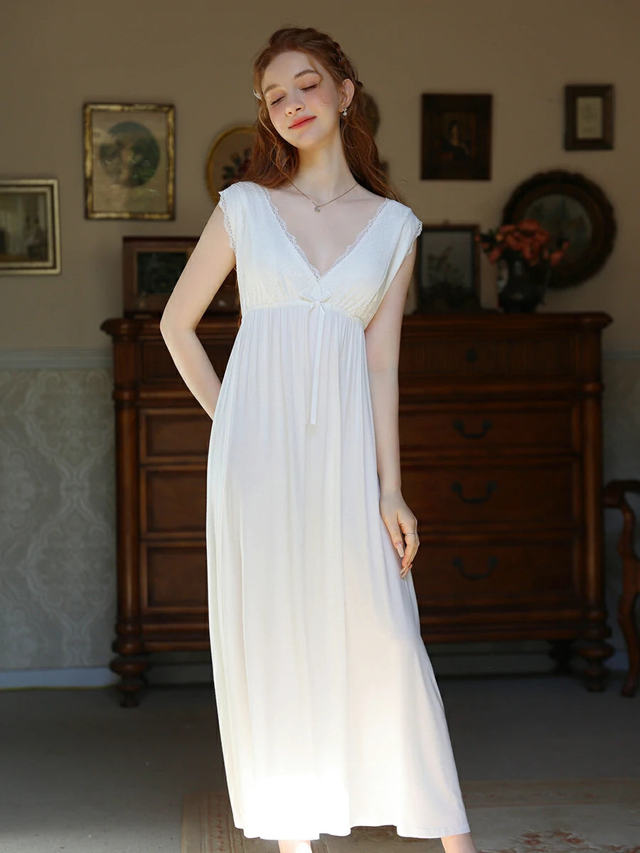 Slessic Vintage French Romantic Large V-Neck Exquisite Embroidered Bow Elegant Sleeveless Slip Nightdress Nightwear Sleepwear