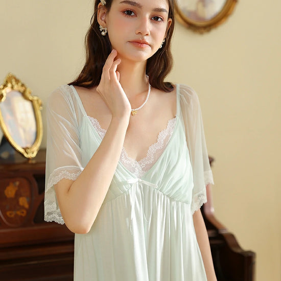Slessic French Vintage Romantic Exquisite Lace Cute Bow Contrasting colors Mesh See-through Short-sleeved Nightdress Nightwear Sleepwear