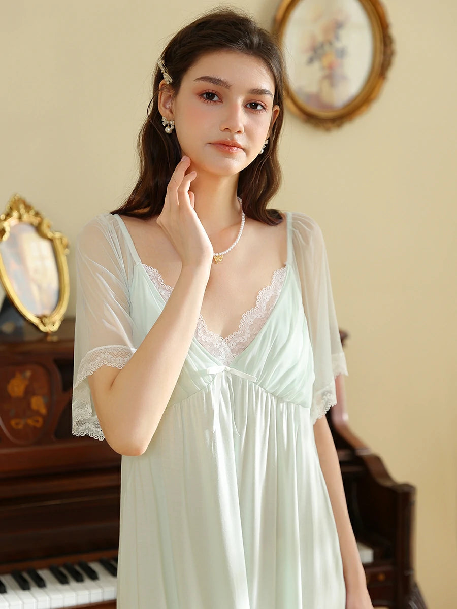 Slessic French Vintage Romantic Exquisite Lace Cute Bow Contrasting colors Mesh See-through Short-sleeved Nightdress Nightwear Sleepwear
