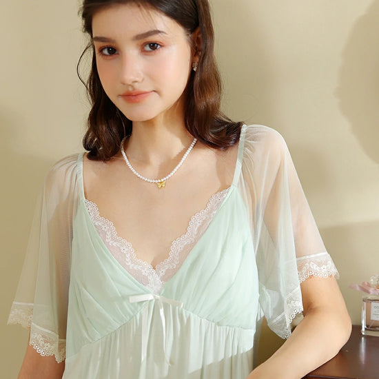 Slessic French Vintage Romantic Exquisite Lace Cute Bow Contrasting colors Mesh See-through Short-sleeved Nightdress Nightwear Sleepwear