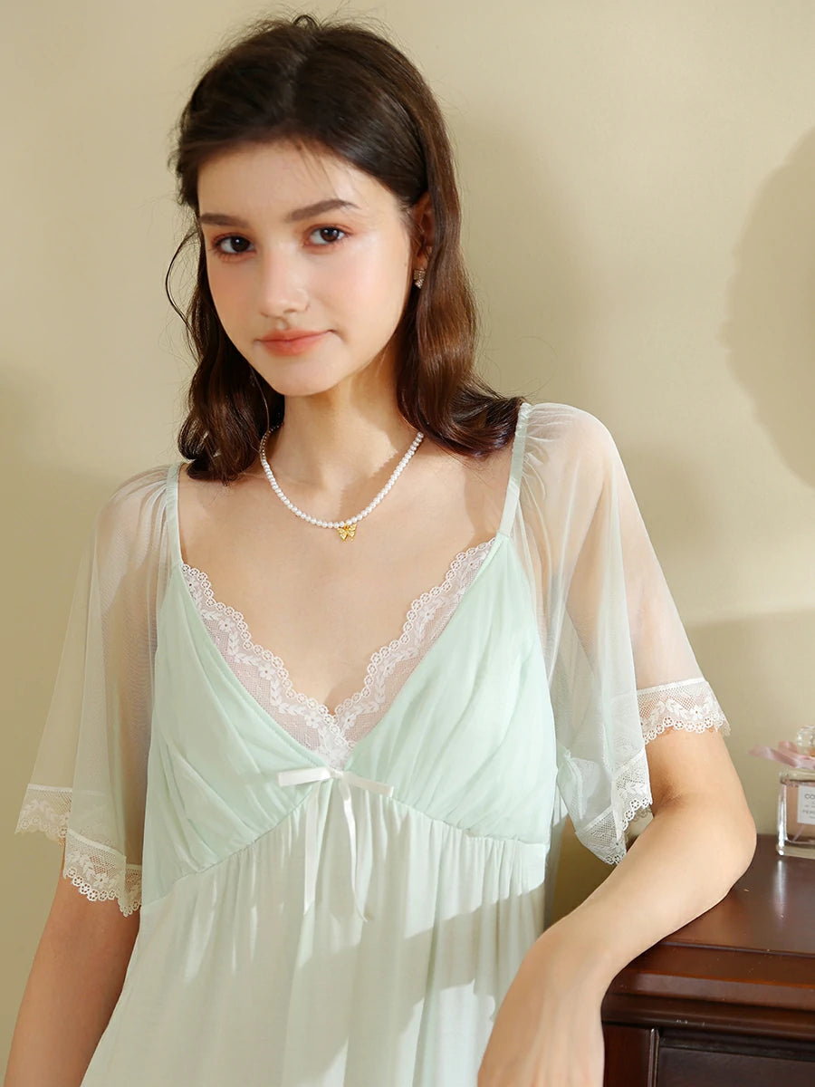 Slessic French Vintage Romantic Exquisite Lace Cute Bow Contrasting colors Mesh See-through Short-sleeved Nightdress Nightwear Sleepwear
