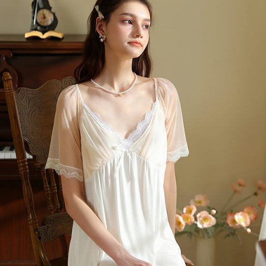 Slessic French Vintage Romantic Exquisite Lace Cute Bow Contrasting colors Mesh See-through Short-sleeved Nightdress Nightwear Sleepwear