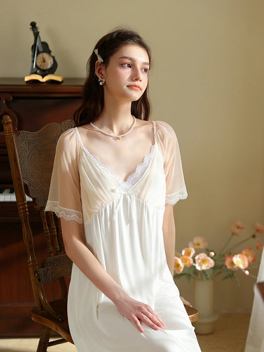 Slessic French Vintage Romantic Exquisite Lace Cute Bow Contrasting colors Mesh See-through Short-sleeved Nightdress Nightwear Sleepwear