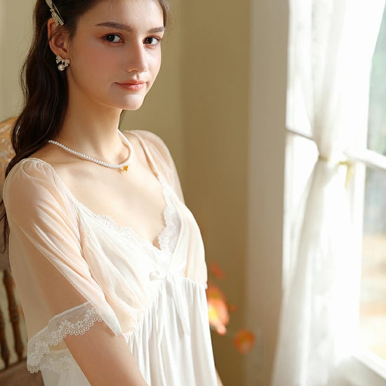 Slessic French Vintage Romantic Exquisite Lace Cute Bow Contrasting colors Mesh See-through Short-sleeved Nightdress Nightwear Sleepwear