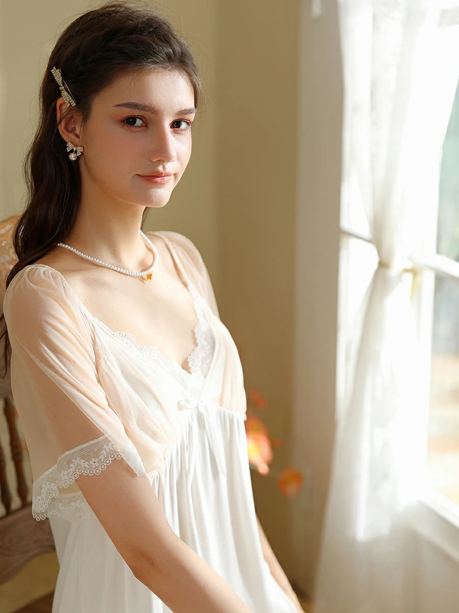 Slessic French Vintage Romantic Exquisite Lace Cute Bow Contrasting colors Mesh See-through Short-sleeved Nightdress Nightwear Sleepwear