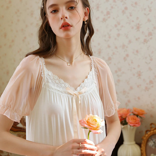 Slessic Vintage Romantic Palace Style Fashion Contrast Color Exquisite Embroidered Bow Cute Mesh Short-Sleeved Nightdress Nightwear Sleepwear