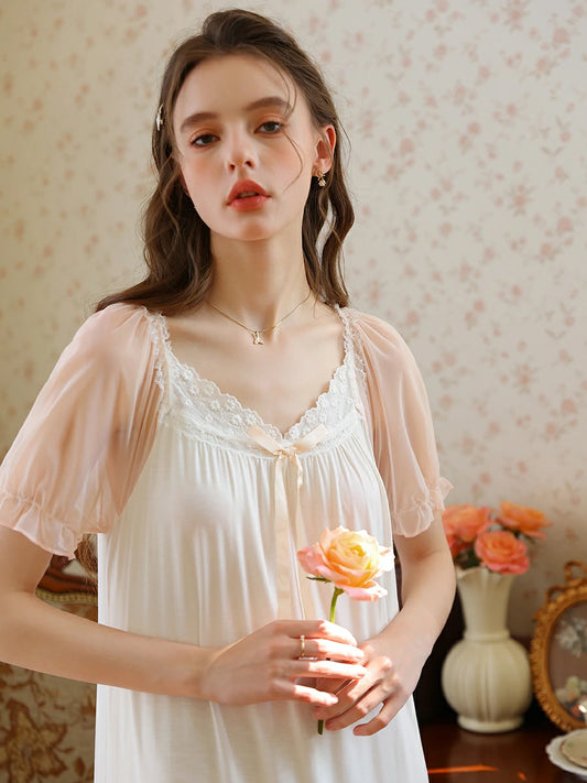 Slessic Vintage Romantic Palace Style Fashion Contrast Color Exquisite Embroidered Bow Cute Mesh Short-Sleeved Nightdress Nightwear Sleepwear