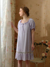 Side profile of lavender cotton lace nightgown