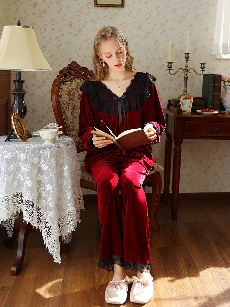 Slessic Romantic Vintage French Exquisite Lace Bow Autumn And Winter Warm Velvet Pajama Set Loungewear Sleepwear