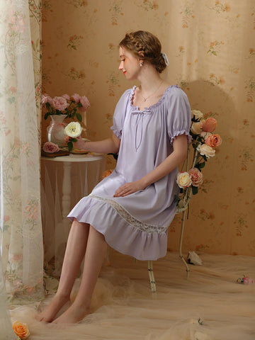 Slessic Vintage Romantic French Strap Ruffled Edge See-Through Lace Short-Sleeved Nightwear Nightgown