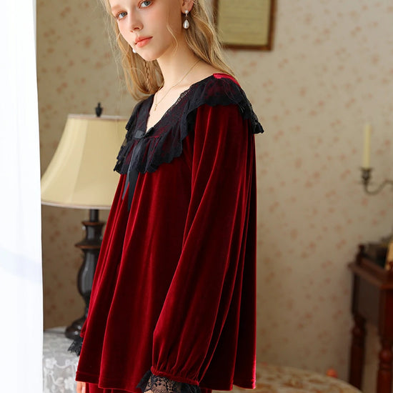 Slessic Romantic Vintage French Exquisite Lace Bow Autumn And Winter Warm Velvet Pajama Set Loungewear Sleepwear