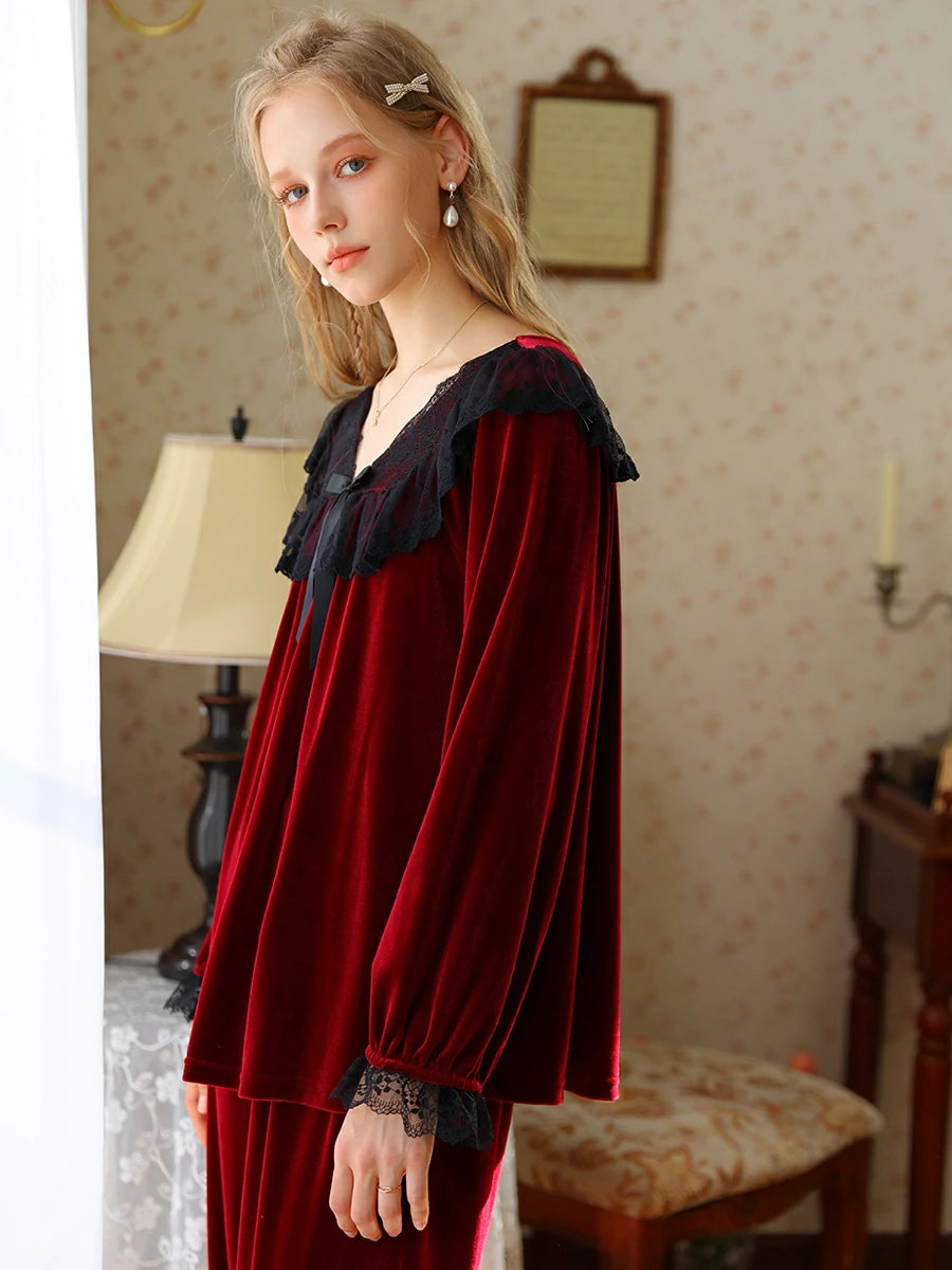 Slessic Romantic Vintage French Exquisite Lace Bow Autumn And Winter Warm Velvet Pajama Set Loungewear Sleepwear