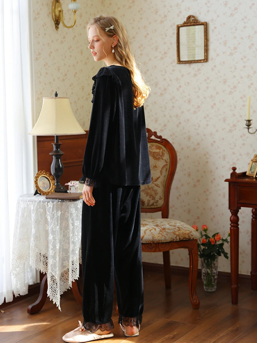 Slessic Romantic Vintage French Exquisite Lace Bow Autumn And Winter Warm Velvet Pajama Set Loungewear Sleepwear