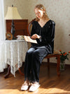 Soft velvet pajama set with lace ruffle neckline