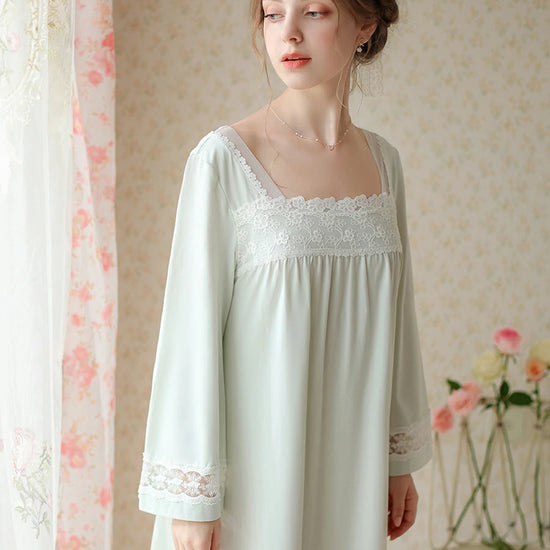 Slessic Vintage Romantic Chinese Style Embroidered Lace See-Through Mesh Long-Sleeved Nightwear Sleepwear Nightgown