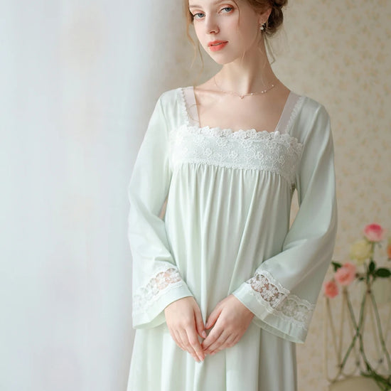 Slessic Vintage Romantic Chinese Style Embroidered Lace See-Through Mesh Long-Sleeved Nightwear Sleepwear Nightgown