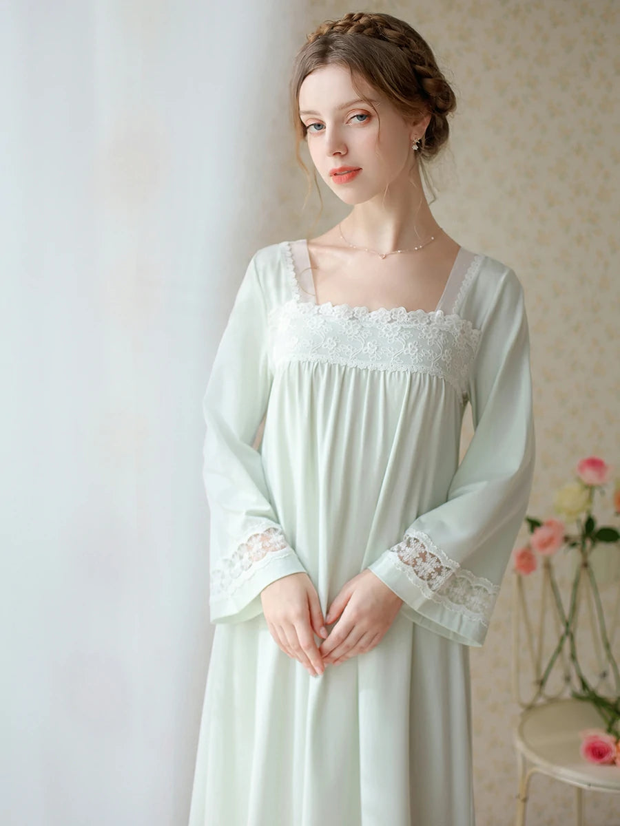 Slessic Vintage Romantic Chinese Style Embroidered Lace See-Through Mesh Long-Sleeved Nightwear Sleepwear Nightgown