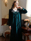 Elegant green velvet long sleeve sleep dress with vintage-inspired silhouette