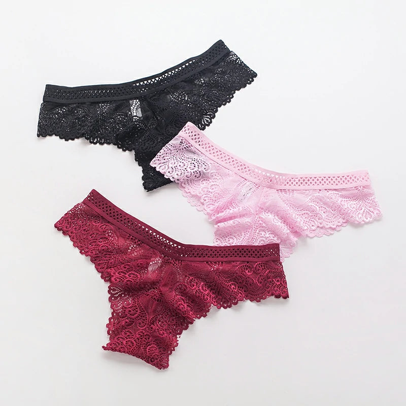 Slessic 3PC-Pack Elegant Female Sexy Hollow Design Bikini Embroidered Lace Thong Women's Panties Underwear