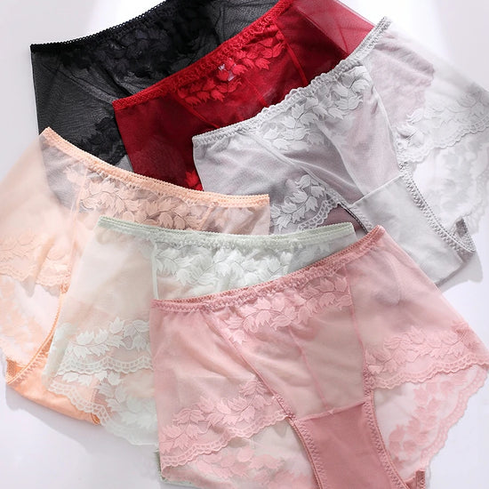 Multi-color sheer floral mesh panties flat lay collection