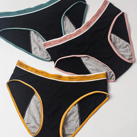 Three-piece leakproof period underwear set with colorful elastic waistbands