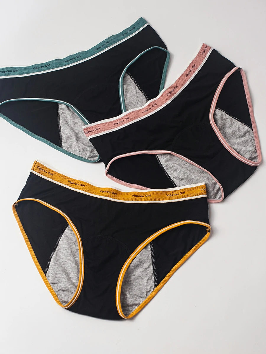 Three-piece leakproof period underwear set with colorful elastic waistbands