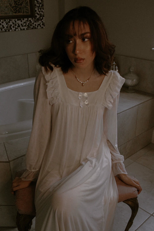 Slessic Vintage Romantic Ruffled Edge Small Bow Elegant Mesh Nightwear Nightgown Sleepwear