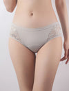 Women's light gray lace trim leakproof cotton period panties front view