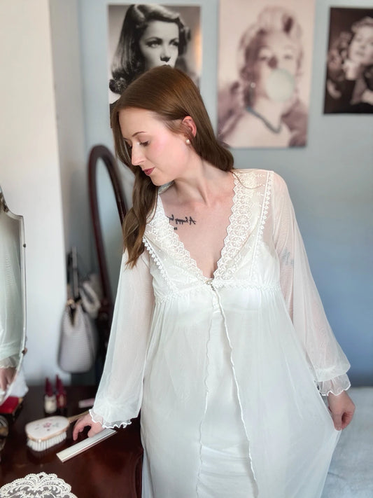 Slessic Romantic Vintage See-Through Mesh Lace Exquisite Embroidered Robe Double-Layer Slip Nightwear Sleepwear Nightgown Set
