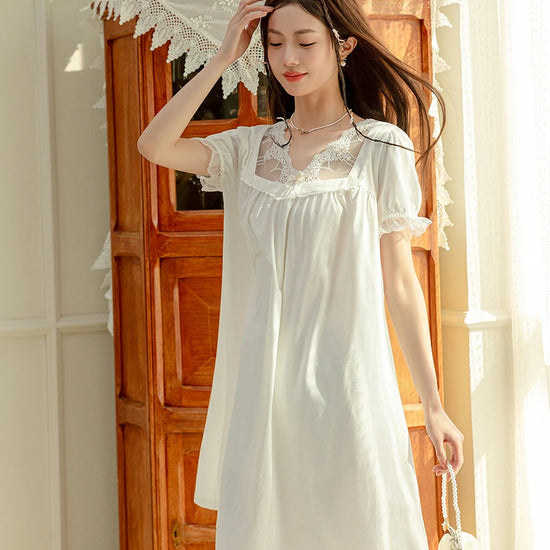 Slessic Vintage Romantic Large Transparent Sexy Lace Embroidered Bow Wrinkled Style Short-Sleeved Nightdress Nightwear Sleepwear