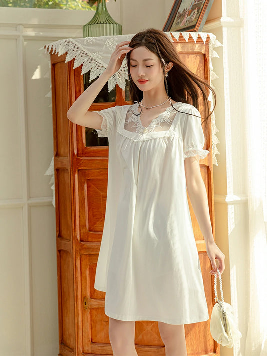 Slessic Vintage Romantic Large Transparent Sexy Lace Embroidered Bow Wrinkled Style Short-Sleeved Nightdress Nightwear Sleepwear