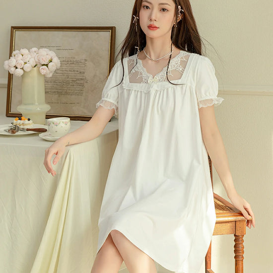 Slessic Vintage Romantic Large Transparent Sexy Lace Embroidered Bow Wrinkled Style Short-Sleeved Nightdress Nightwear Sleepwear