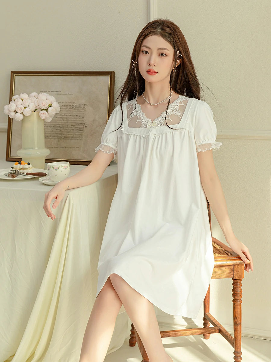 Slessic Vintage Romantic Large Transparent Sexy Lace Embroidered Bow Wrinkled Style Short-Sleeved Nightdress Nightwear Sleepwear