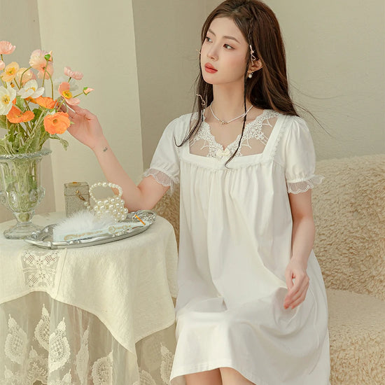 Slessic Vintage Romantic Large Transparent Sexy Lace Embroidered Bow Wrinkled Style Short-Sleeved Nightdress Nightwear Sleepwear