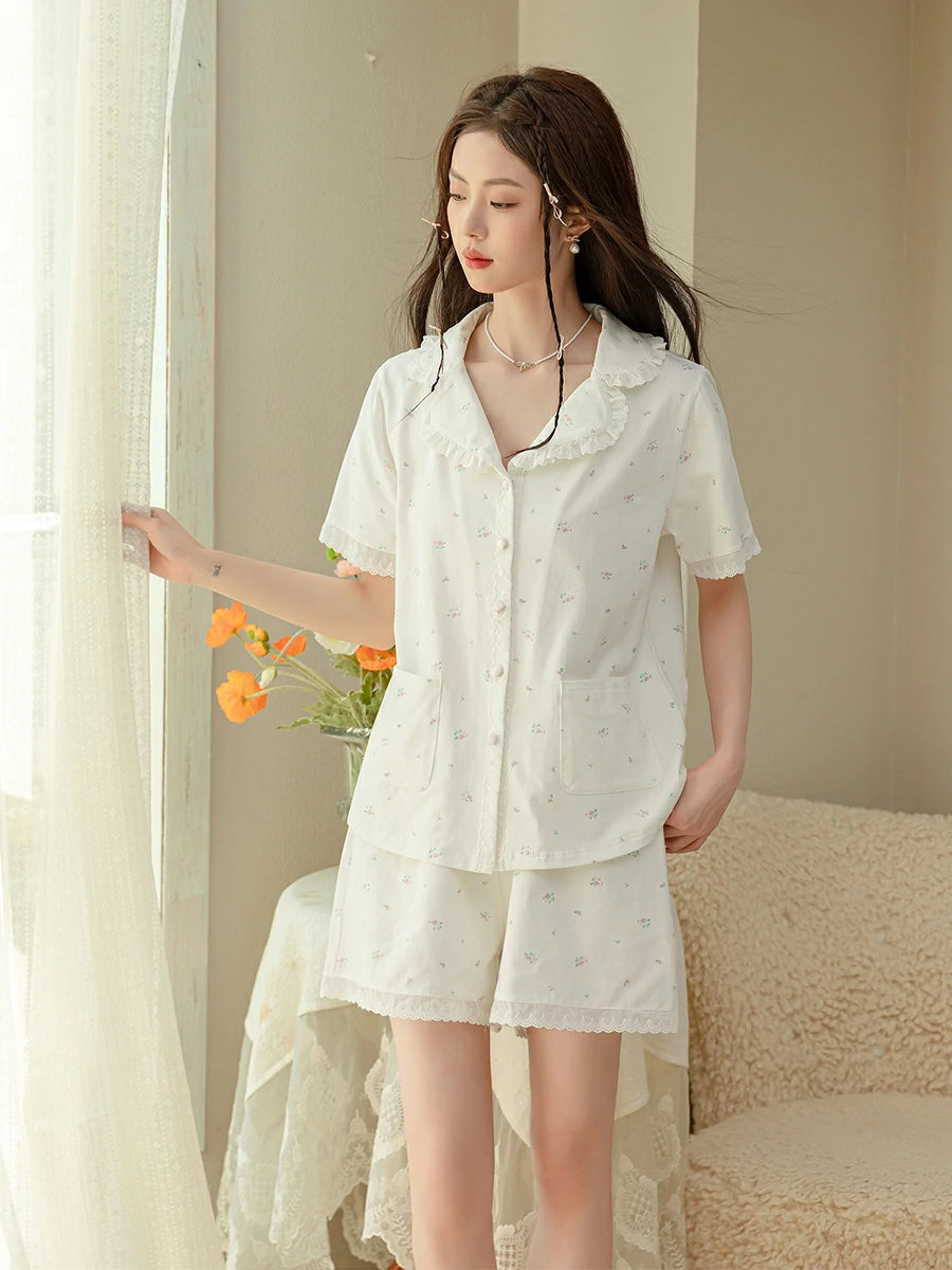 Slessic Vintage Romantic Cute Palace Style Lace Embroidered Ruffled Edge Floral Pattern Short Pajamas Set Loungewear Nightwear